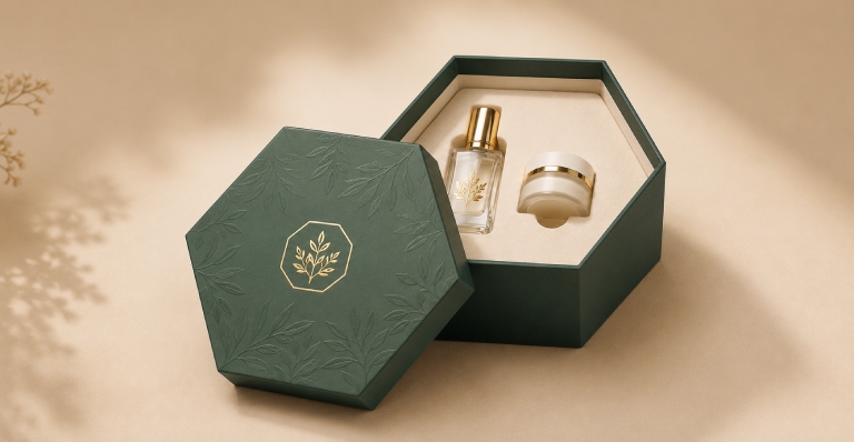 Custom hexagonal rigid box with embossed, gold foil logo, and premium insert for luxury cosmetics packaging